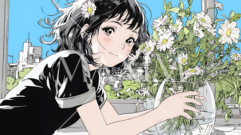 おもてなし（優しい心遣い）：来客のために花瓶に花を生ける若い女性