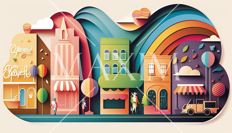 幸せな街並みのポップな切り絵風表現