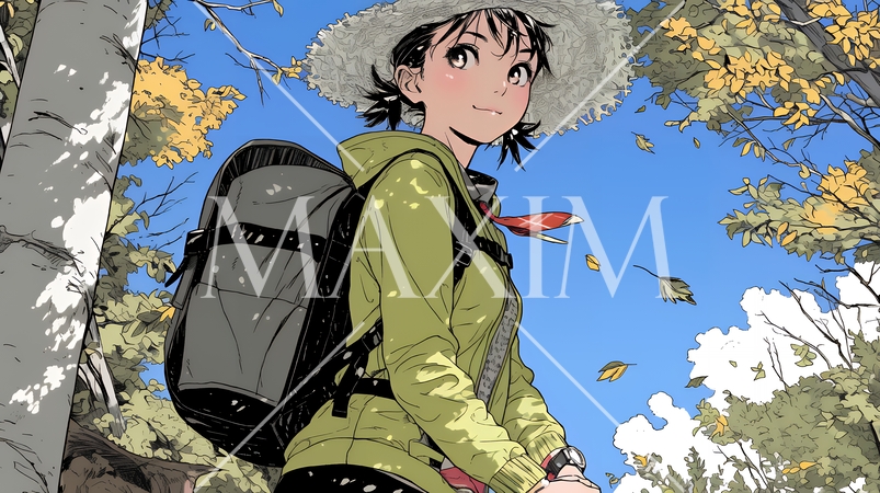 秋の野山をハイキングしている若い女性