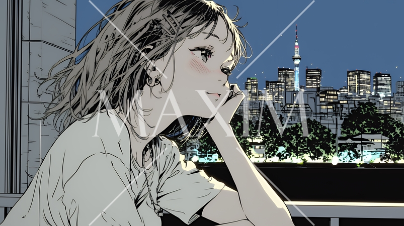 ベランダで夜風に当たりながら都会のランドスケープを眺め休む若い女性