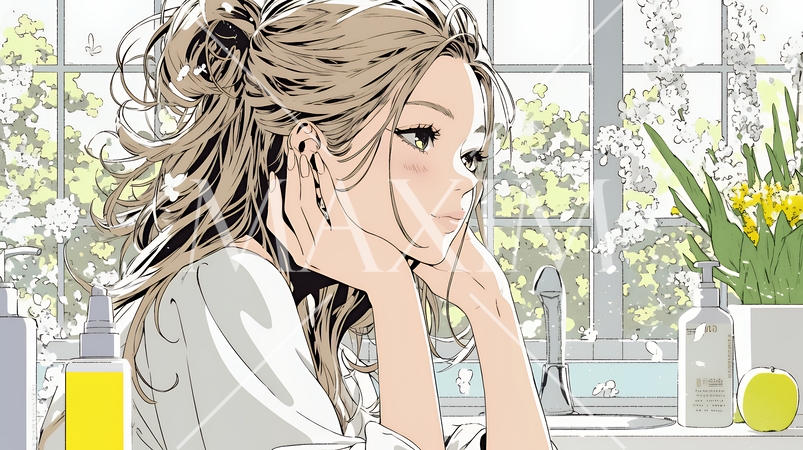 スキンケアを念入りに行う若い女性