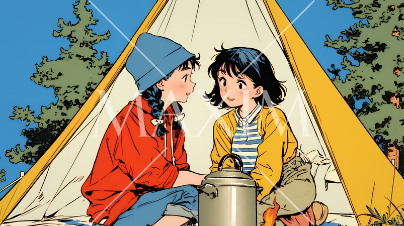 女友達と一緒にテントキャンプを楽しむ若い女性