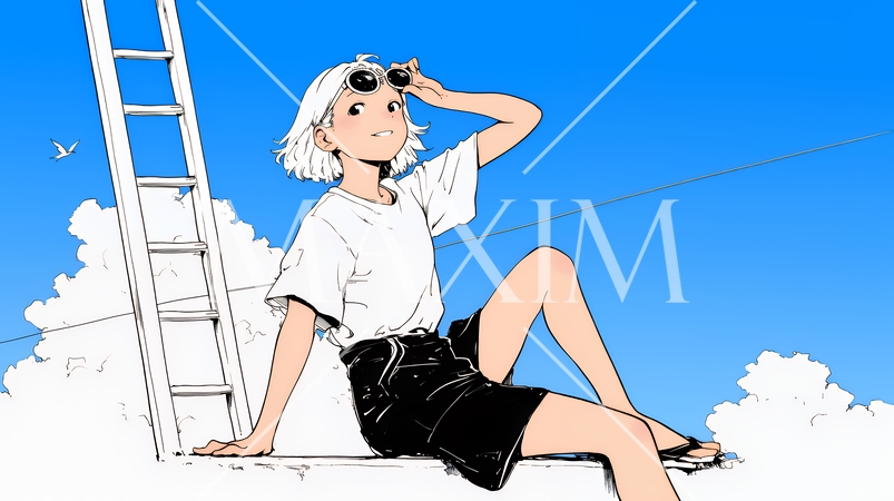 夏休みの思い出：海辺の町への一人旅（シンプルな色使い）