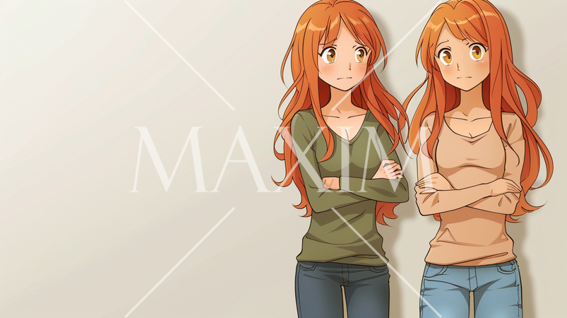 コピースペースのある空間と若い双子の女性