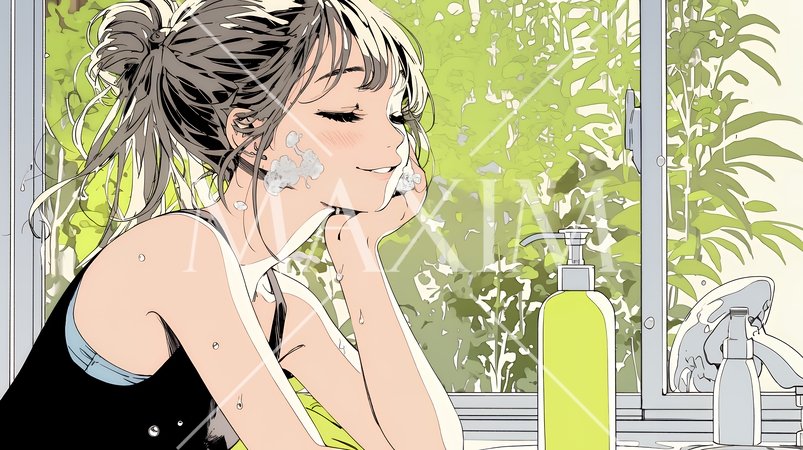 洗面所で朝の洗顔をする女性