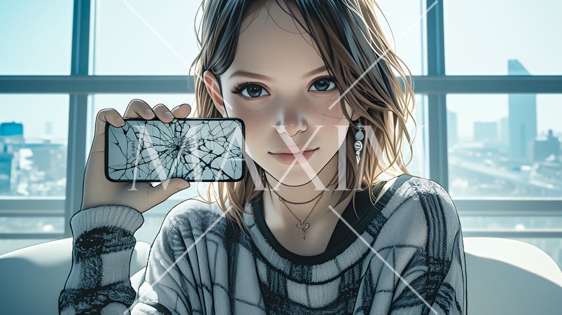 画面が激しく割れているスマートフォンを手にしているいる若い女性