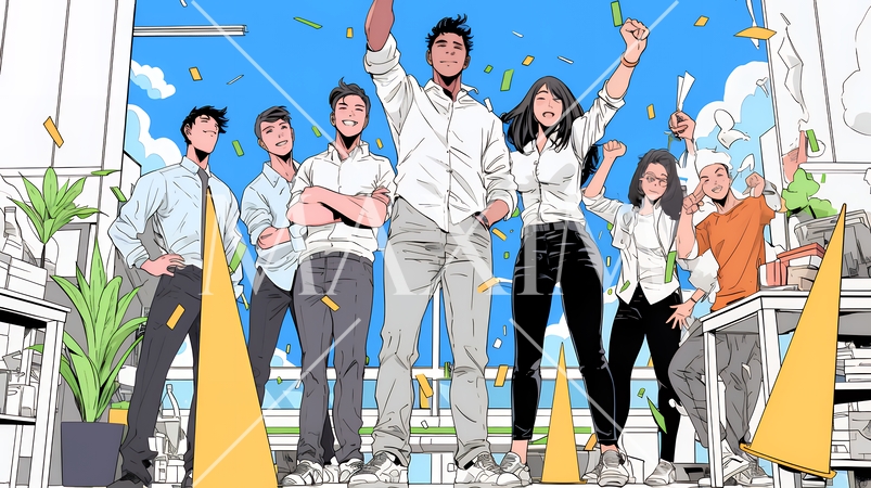 プロジェクト成功を喜ぶスタートアップチーム｜オフィスで大喜びするビジネスパーソン