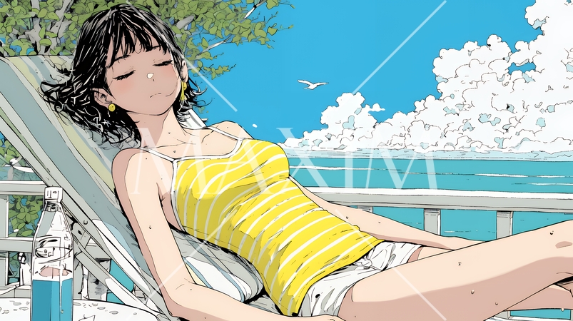 プールサイドのデッキチェアでくつろぐ若い女性｜夏のリゾートとリラックスライフスタイルイメージ