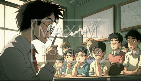 論語読みの論語知らず：小学校で生活指導をしている先生が、生徒の前でタバコをくわえて教壇に立っている