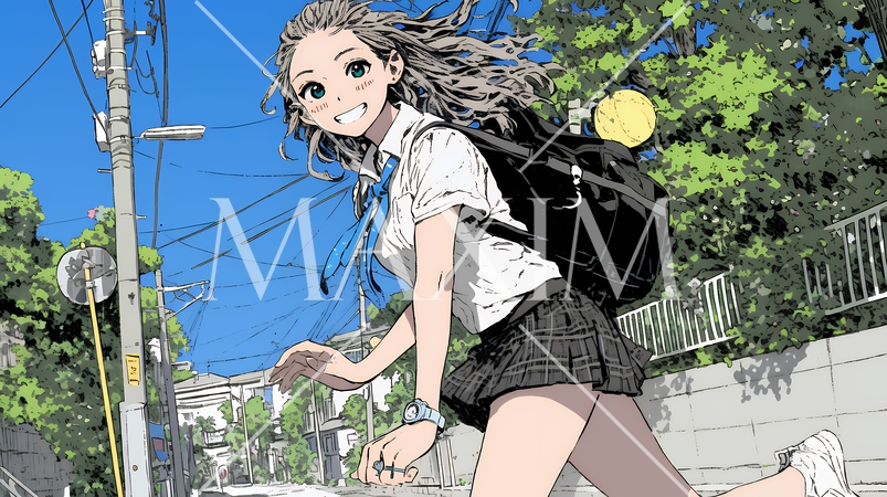 学校に遅れそうで道を急いでいる女子高生