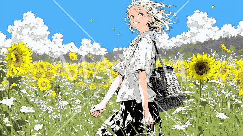 真夏の青空のもと、ヒマワリ畑を散策している若い女性