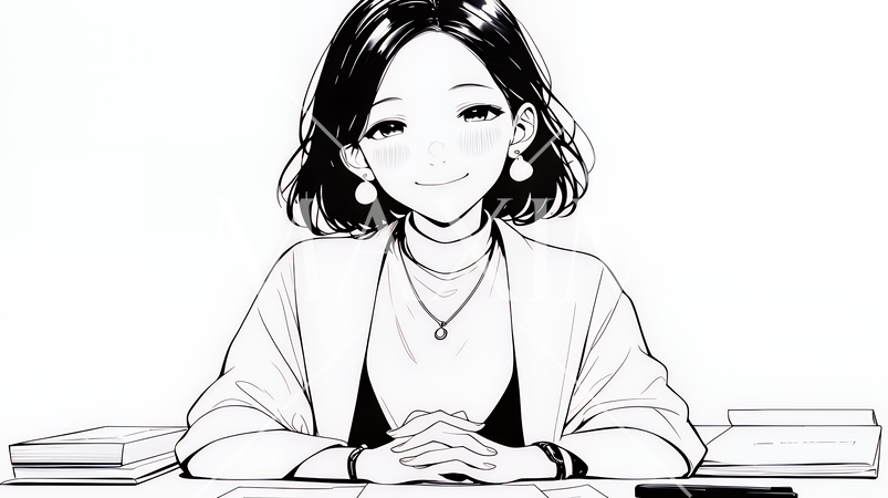 笑顔で面談対応中の女性マネージャー（シンプルな色使い）