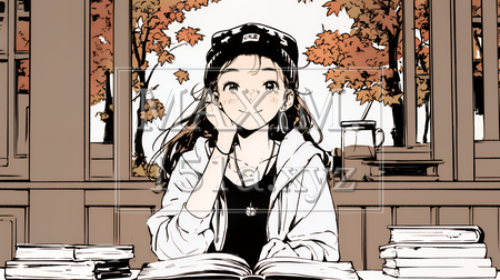 秋の読書を楽しむ若い女性｜静かで落ち着いた秋の日のイラストポートレート（シンプルな色使い）（イラストID:6340014-18094）