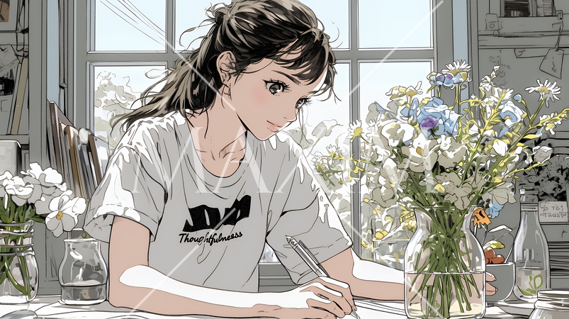 おもてなし（優しい心遣い）：来客のために花瓶に花を生ける若い女性