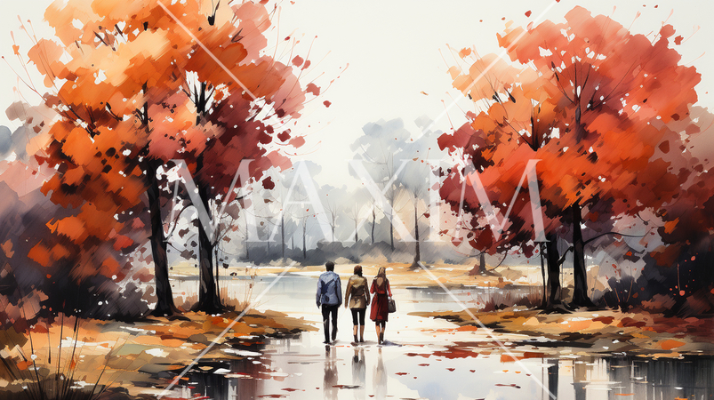 恋人達がいる秋の公園：木々が色づいている水彩画