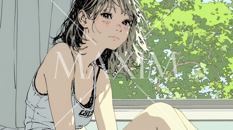 朝、カーテンを開けて天気を確認する若い女性