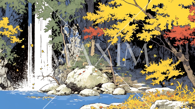 滝のある渓谷の紅葉