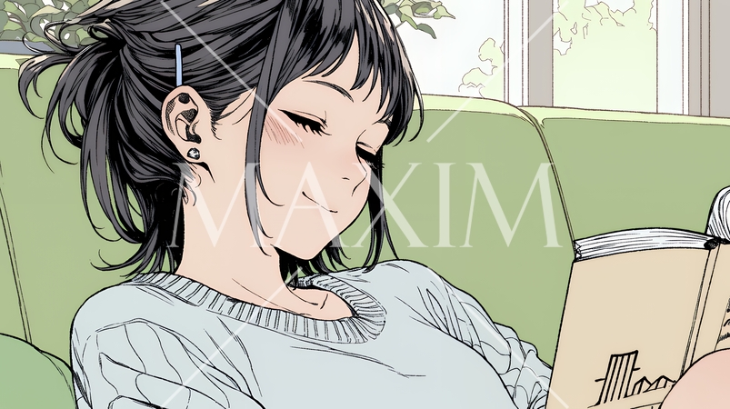 資料（本）を読みながら、うとうと眠ってしまう若い女性