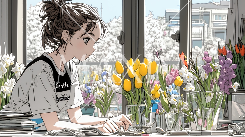 おもてなし（優しい心遣い）：来客のために花瓶に花を生ける若い女性