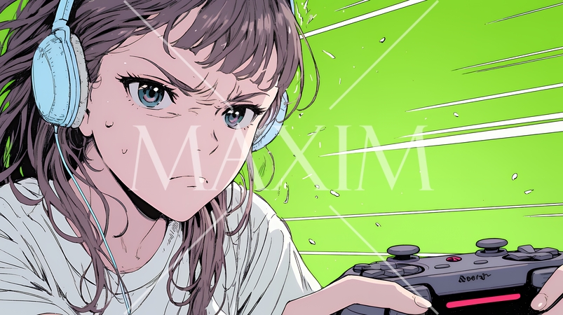 対戦型テレビゲームに没頭している若い女性