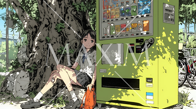 自動販売機で飲み物を購入する若い女性｜日常・ライフスタイル・屋外シーン