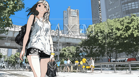 夏の昼下がり、白いドレスを着て街歩きをしている若い女性（イラストID:6343950-18001）