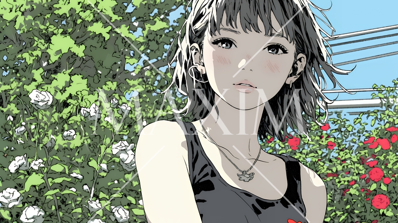 バラ園を散策している若い女性