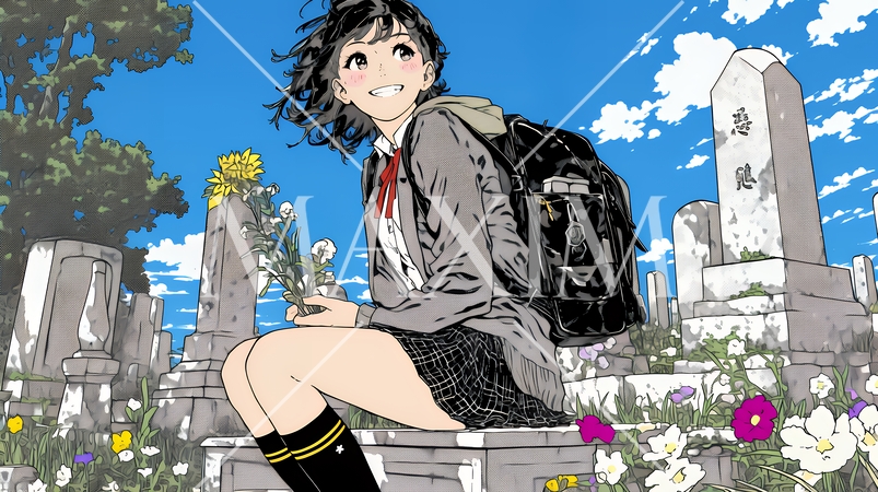 墓参りをしている若い女性