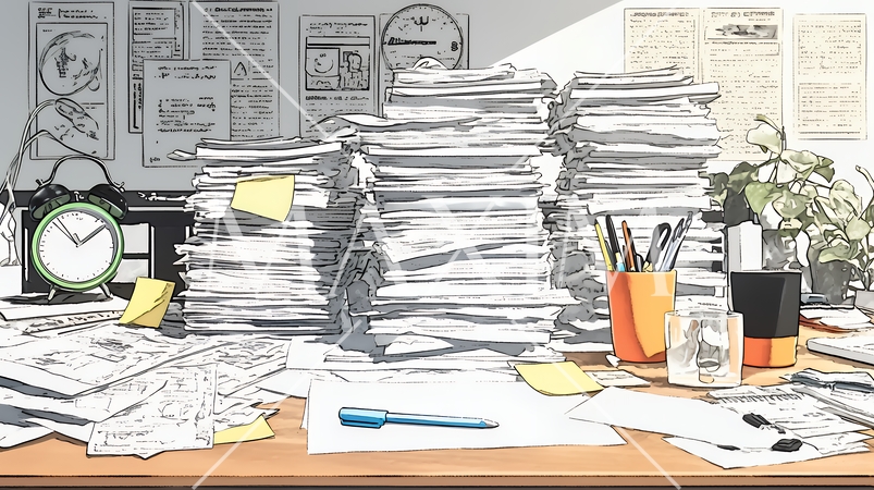 机の上に書類が山のように積まれている：書類整理ができていない状態