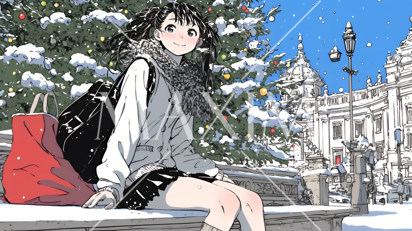 ホワイトクリスマスの街を歩く若い女性