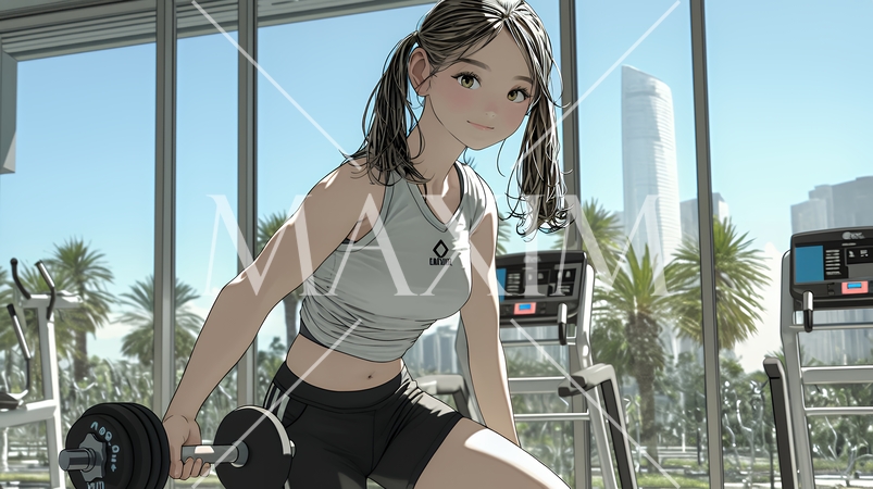 休日にジムで軽く運動する若い女性