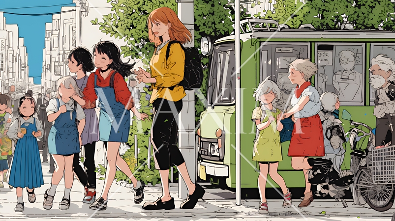 道端で会話を楽しむ若い主婦たち（ママ友たち）