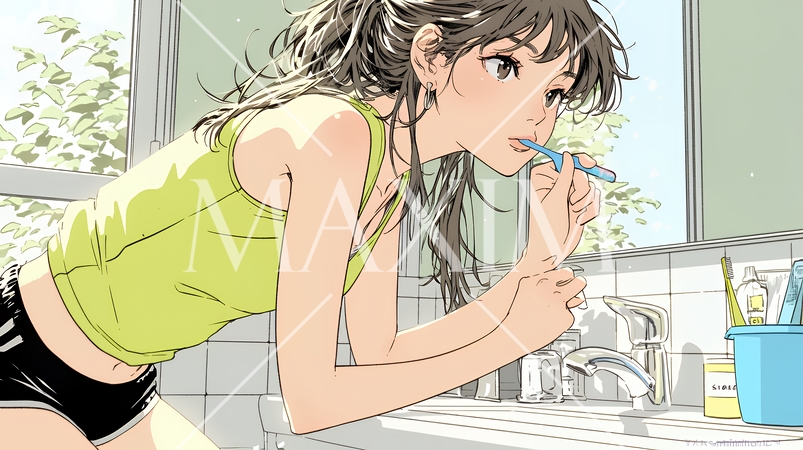 洗面所で朝の歯磨きをする若い女性