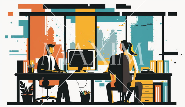 オフィス環境：オフィスでの仕事をする人々、デスクワーク、コンピューター作業。