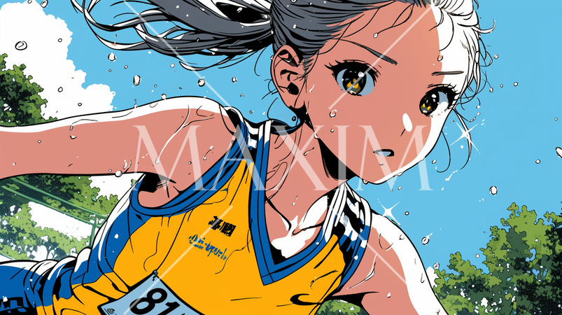 夏の青空の下、全力で走る若い女性