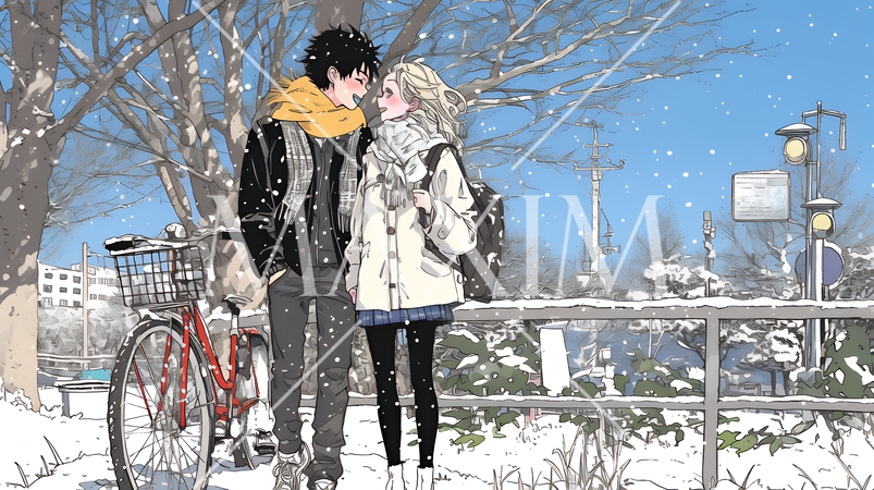 冬枯れ街をデートしている若い恋人たち