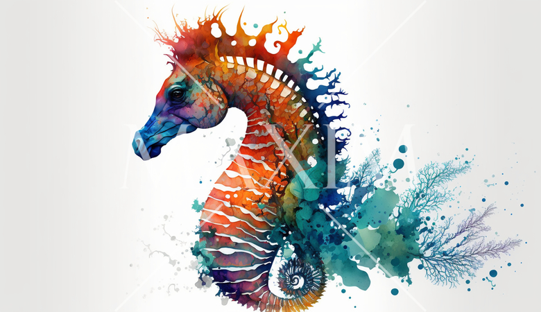 タツノオトシゴ：カラフルでサイケデリックでシュールレアリズム的な水彩画