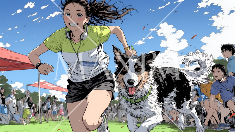 愛犬を調教している若い女性