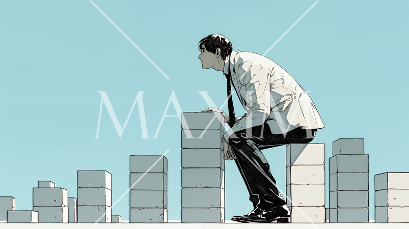 コンクリートブロックを積み上げているビジネスマン：計画の段階的積み重ねの比喩