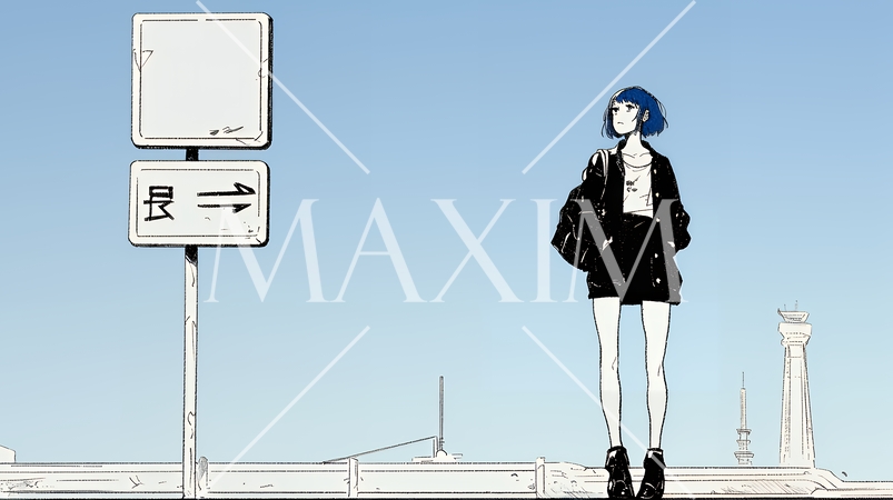 若い女性が佇む都市の街角（シンプルな色使い）