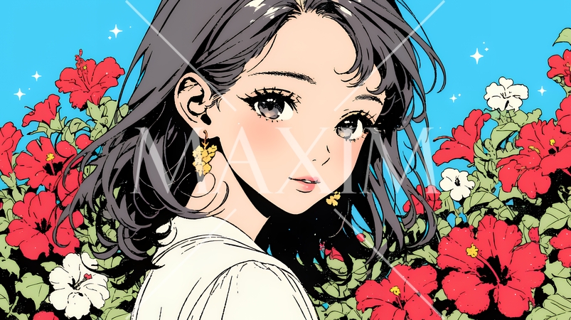 ハイビスカスと若い女性