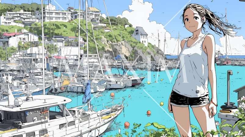 沖縄のヨットハーバーに立つ若い女性