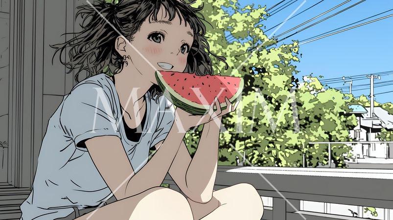 スイカを縁側で食べている若い女性