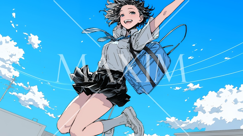 嬉しさのあまり飛び跳ねる制服姿の女子高生