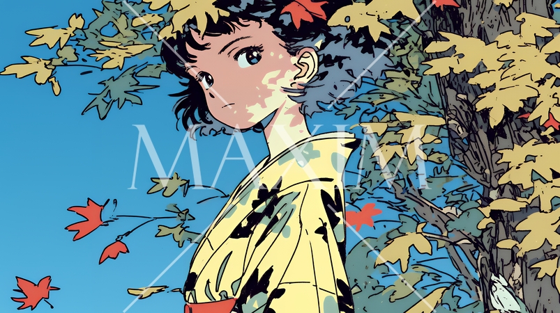 紅葉に包まれた中、着物を纏った若い女性が佇んでいる