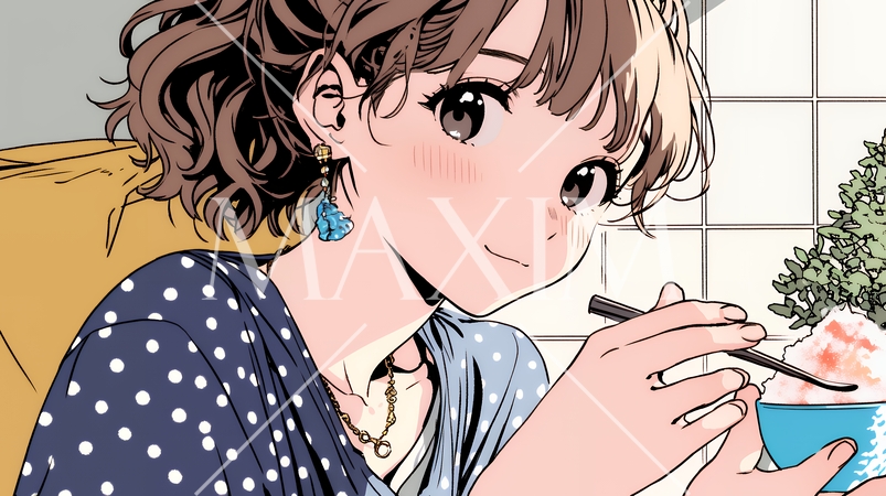 夏空の下でかき氷をたべる若い女性