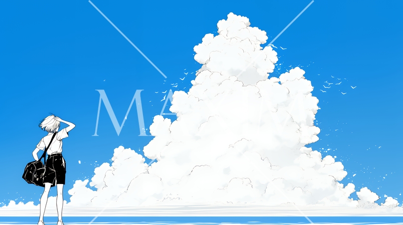 夏の海と入道雲と若い女性（シンプルな色使い）