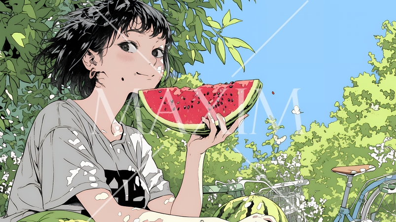 スイカを縁側で食べている若い女性