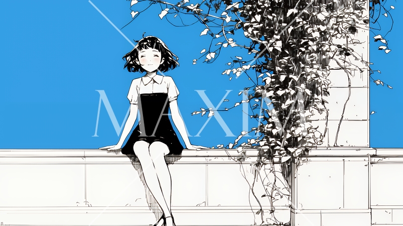 公園のベンチでひとり静かにくつろぐ若い女性（シンプルな色使い）