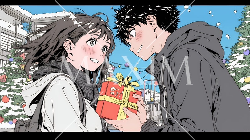 バレンタインディのチョコを男性に渡そうとしている若い女性